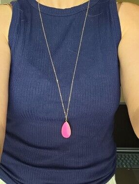 Gold Plated Necklace with Hot Pink Teardrop Pendant - Women Jewelry